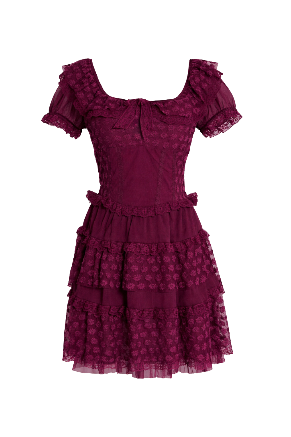 Maroon lace dress with ruffled sleeves on a white background