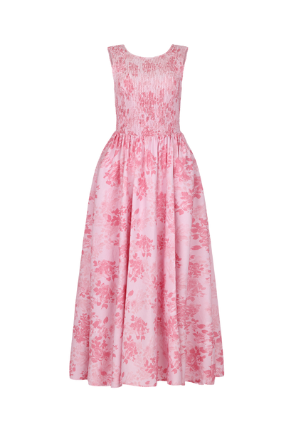 chic size inclusive model wearing JessaKae Camille Smocked Floral Maxi Dress - Pink