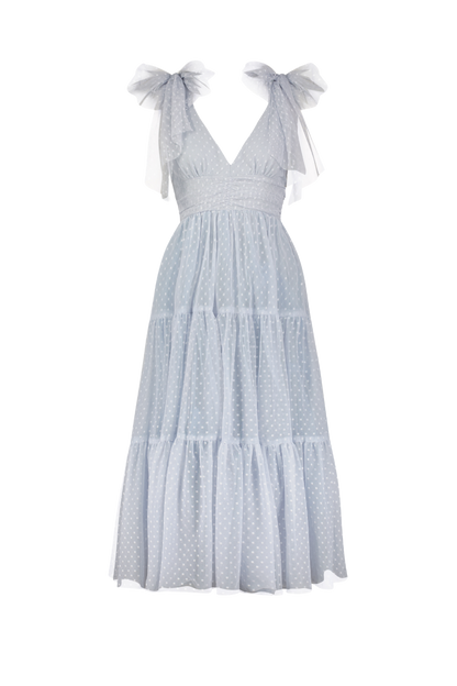 chic size inclusive model wearing JessaKae Jeanne Dress Dusty Blue Dresses