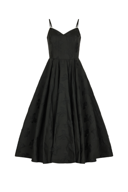 chic size inclusive model wearing JessaKae Kelly A-line Jacquard Midi Dress - Black