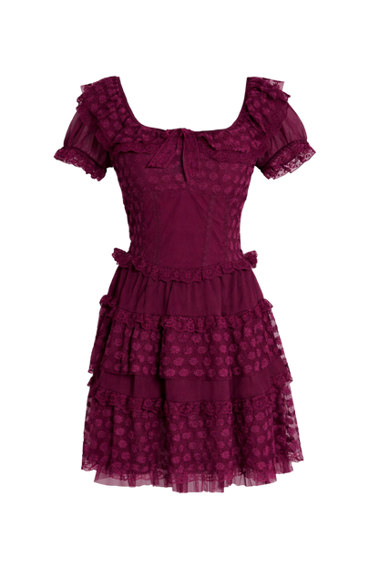 Maroon lace dress with ruffled sleeves on a white background