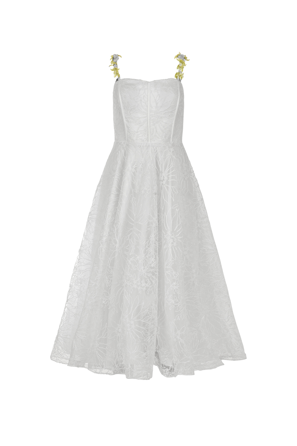 White strapless dress with floral straps and textured fabric, full skirt and fitted bodice, on a plain background.