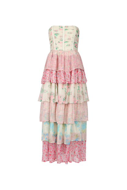 chic size inclusive model wearing JessaKae Rosemary Strapless Tiered Maxi Dress - Pink