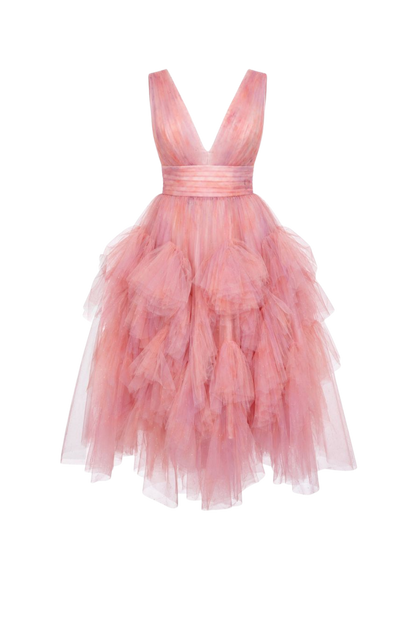 Calypso Dress in pink tulle, ghost mannequin front view