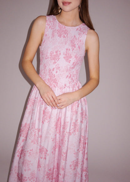 chic size inclusive model wearing JessaKae Camille Smocked Floral Maxi Dress - Pink