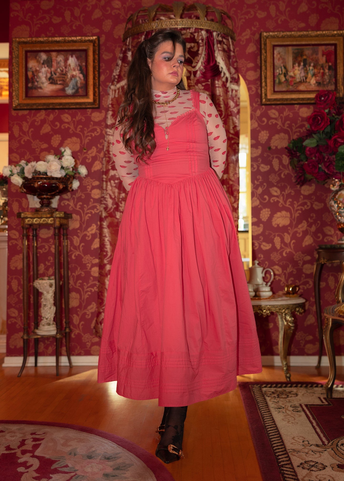 chic size inclusive model wearing JessaKae Lottie Basque Waist Midi Dress - Coral
