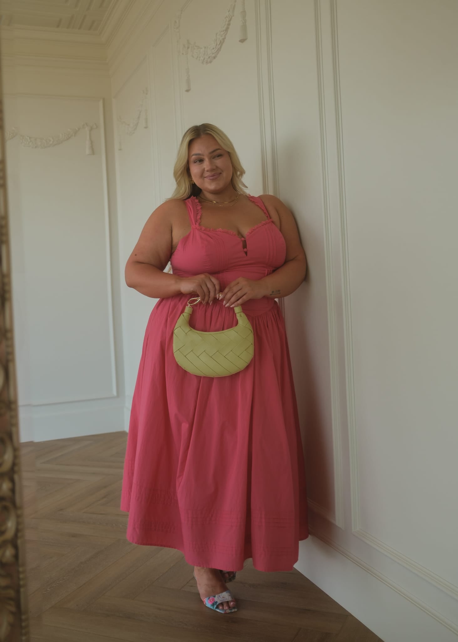 chic size inclusive model wearing JessaKae Lottie Basque Waist Midi Dress - Coral Dresses