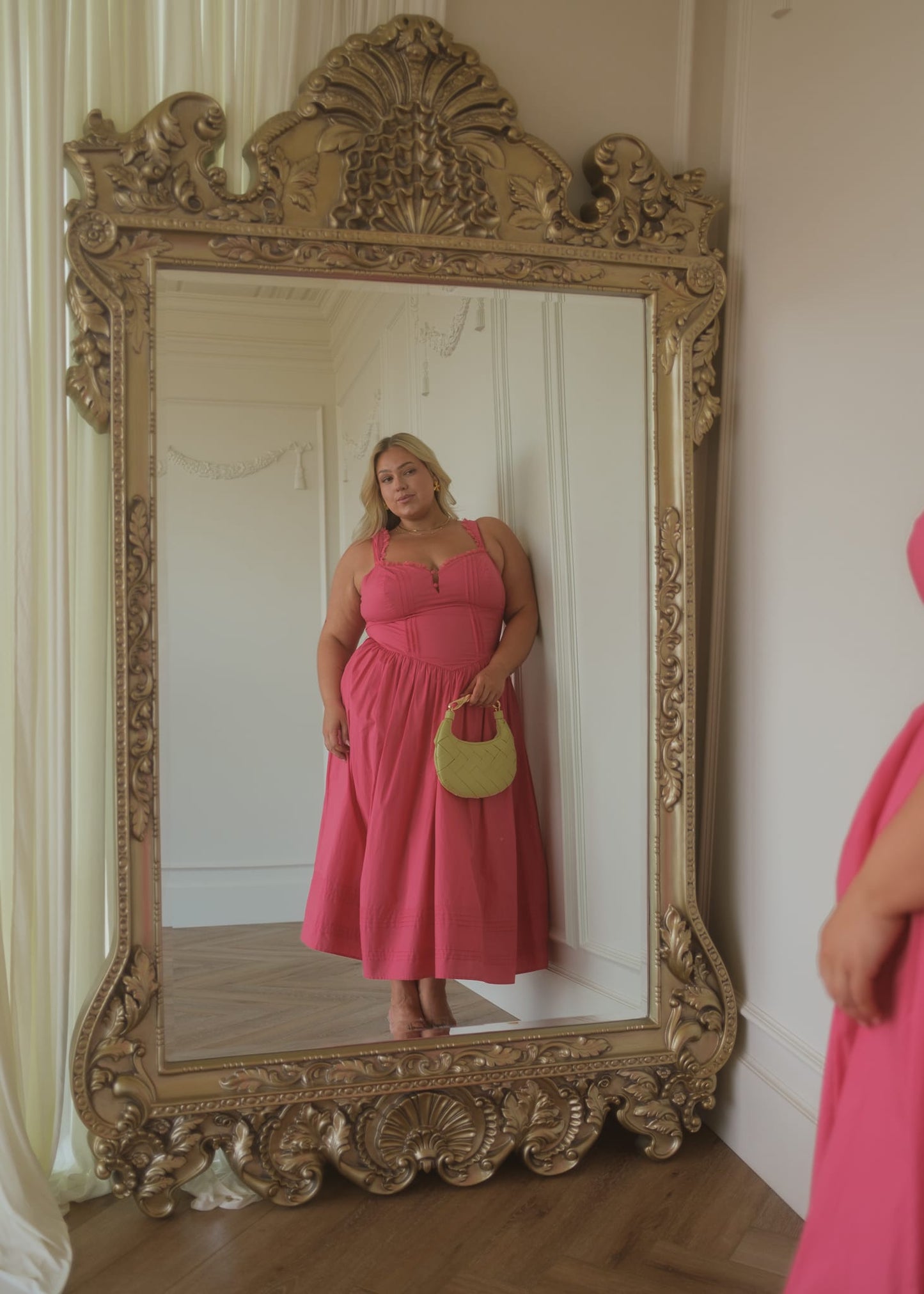 chic size inclusive model wearing JessaKae Lottie Basque Waist Midi Dress - Coral Dresses