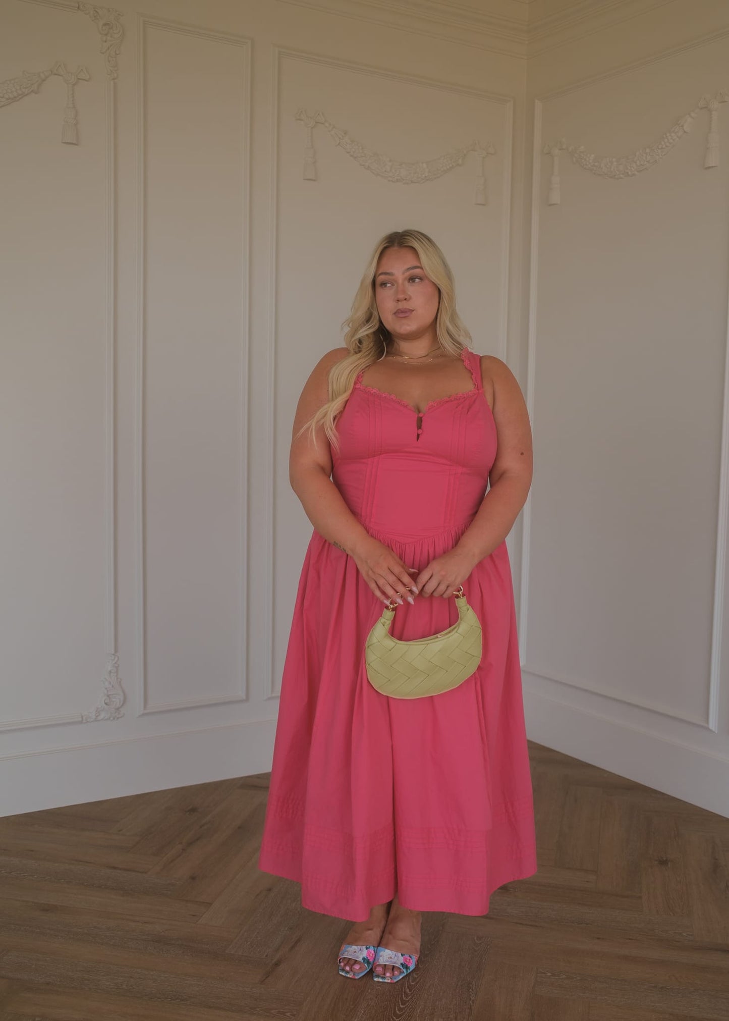 chic size inclusive model wearing JessaKae Lottie Basque Waist Midi Dress - Coral Dresses