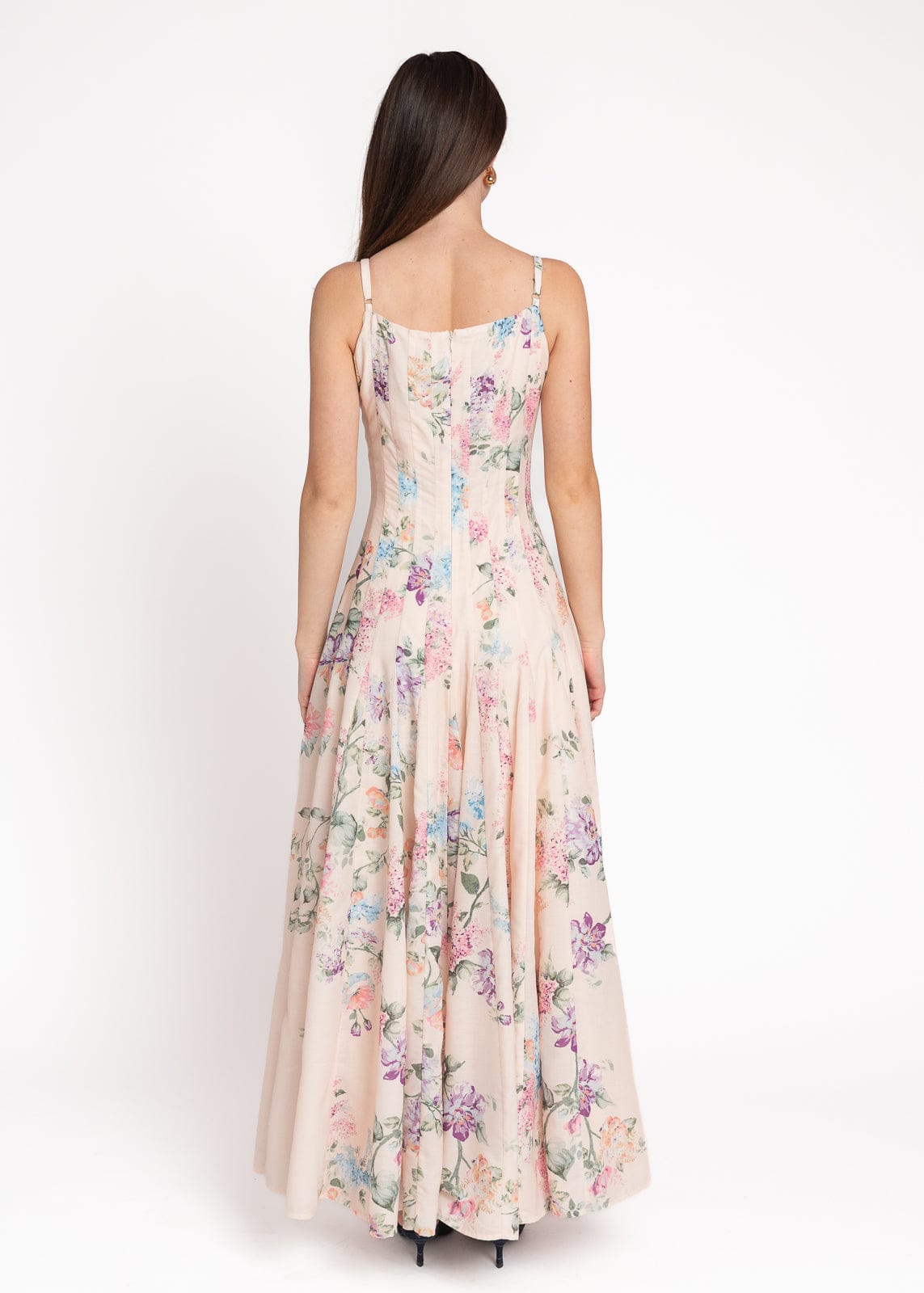 chic size inclusive model wearing JessaKae Monet Floral Seamed Maxi Dress