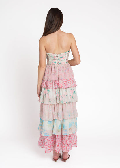 chic size inclusive model wearing JessaKae Rosemary Strapless Tiered Maxi Dress - Pink