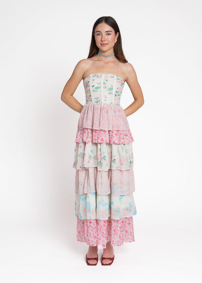 chic size inclusive model wearing JessaKae Rosemary Strapless Tiered Maxi Dress - Pink
