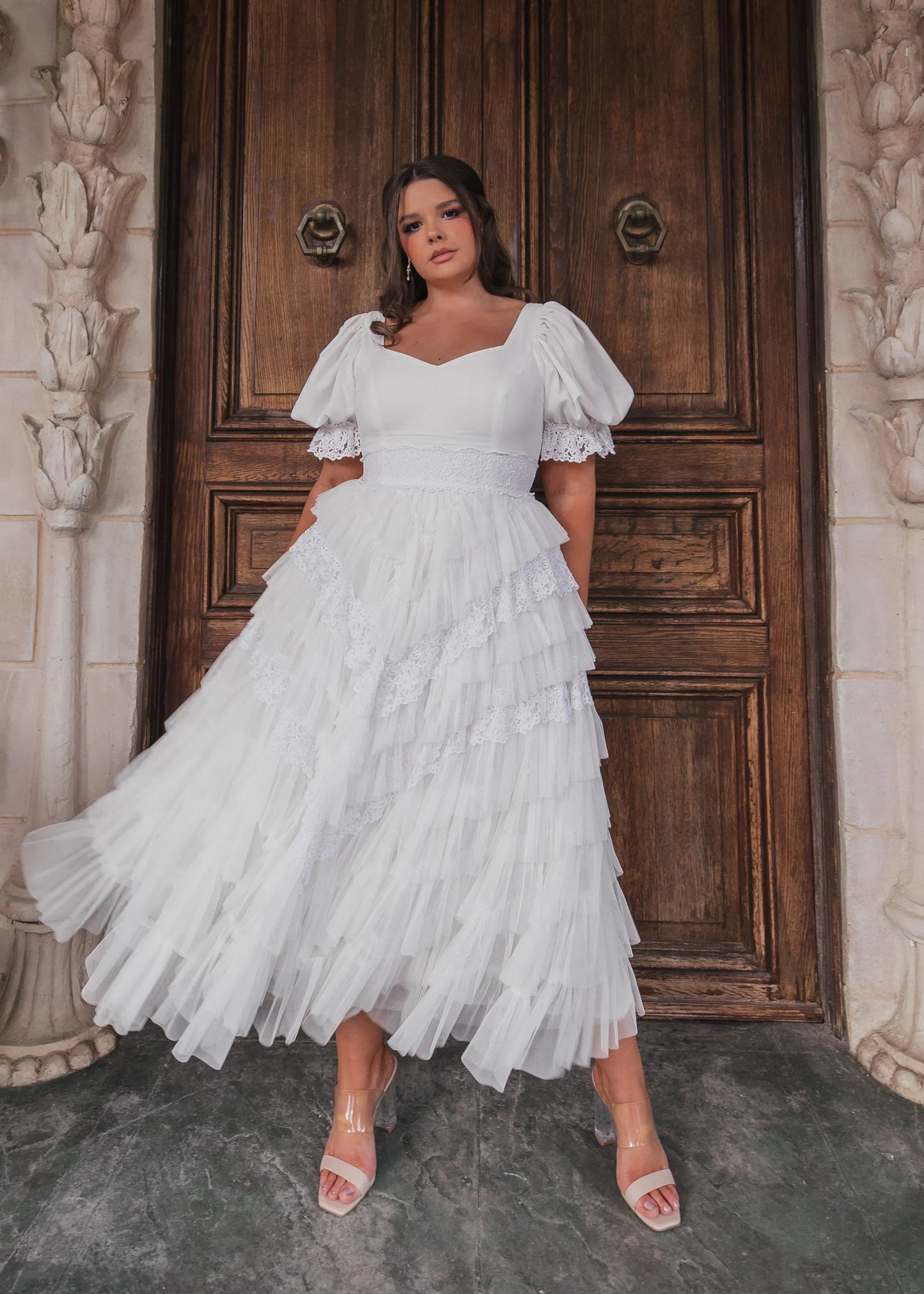 chic size inclusive model wearing JessaKae Thumbelina Dress White Dresses